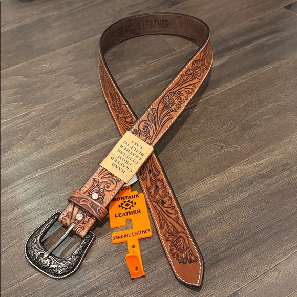 Montauk Genuine Leather Tooled Western Rodeo,filigree buckle,single stitch edge - Picture 11 of 11